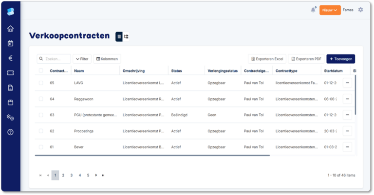 Famas scherm verkoopcontracten