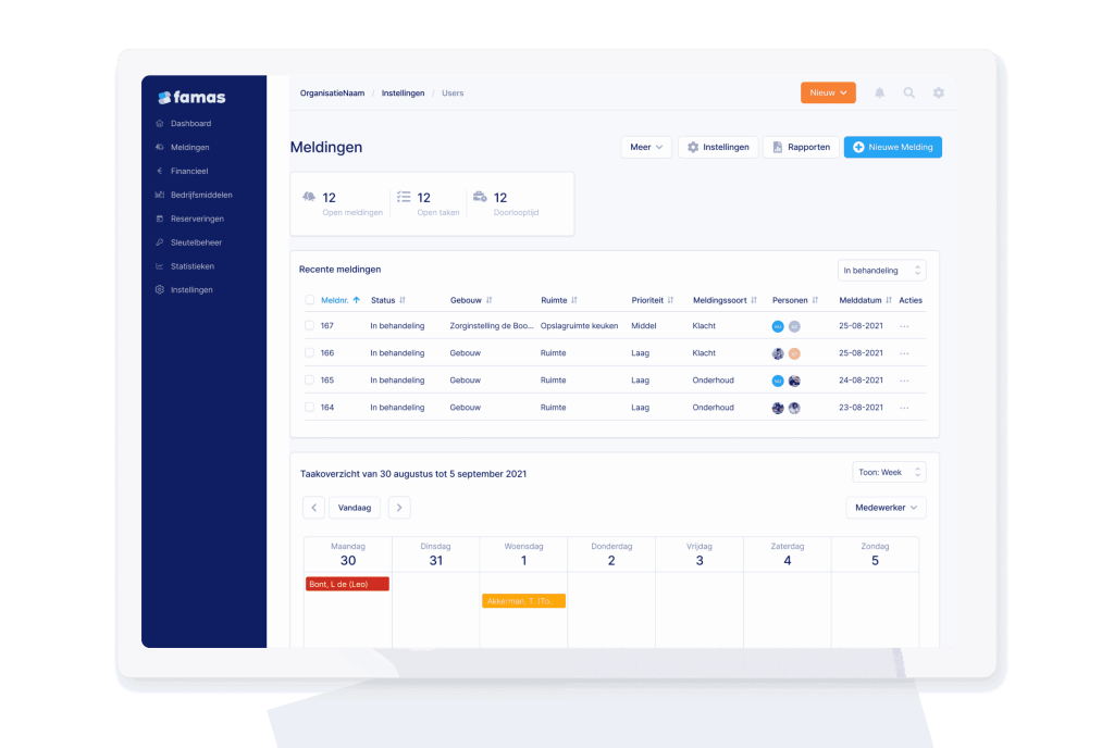 Screenshot van de module meldingenbeheer beheer van Famas FMIS.